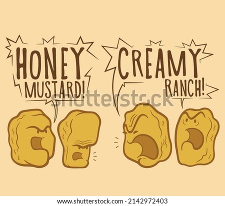 Cute vector nuggets make hard choices honey mustard or creamy ranch sauce cartoon