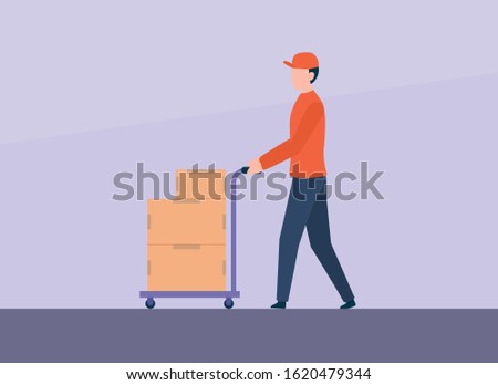 courier push cart or lorry with stack of goods cardboard on business delivery services