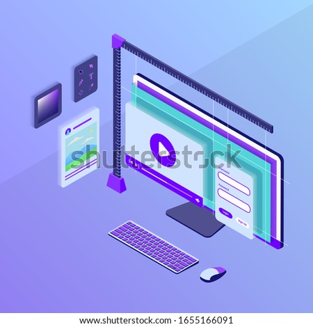 interface or visual design website development with monitor computer screen with isometric style