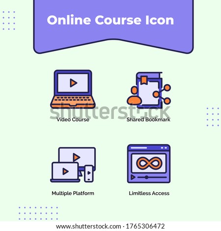 Preview online course icon video course shared bookmark multiple platform limitless access with outline filled color modern flat style