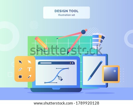 Design tool illustration set line pen tool on display monitor laptop background of compass drawn pencil pallet color toolbar tablet with flat style.
