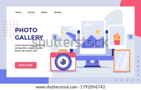 Photo gallery picture on display monitor campaign for web website home homepage landing page template banner with modern flat style