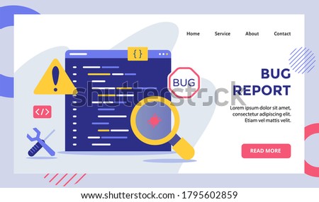 Bug report magnifier bug on data software campaign for web website home homepage landing page template banner with modern flat style
