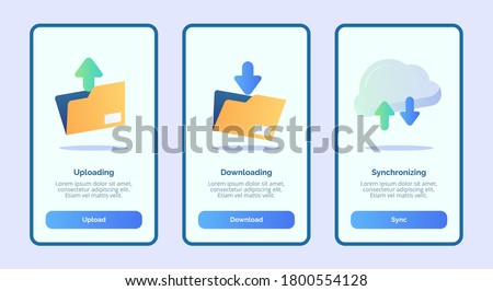 Uploading downloading synchronizing for mobile apps template banner page UI with three variations modern flat color style