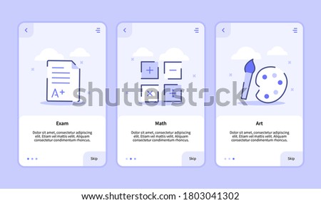 Exam math art onboarding screen for mobile apps template banner page UI with three variations modern flat outline style.