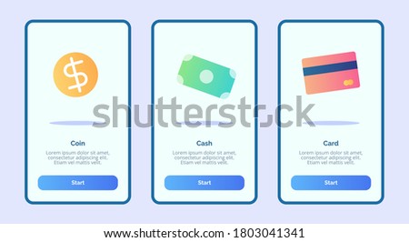 Coin cash card for mobile apps template banner page UI with three variations modern flat color style