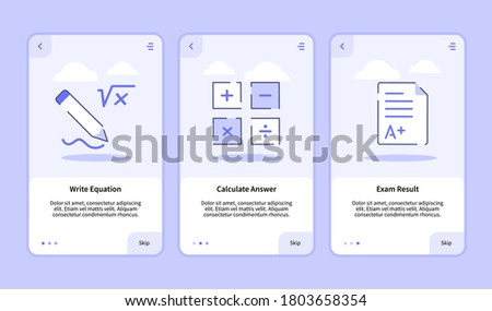 Write equation calculate answer exam result onboarding screen for mobile apps template banner page UI with three variations modern flat outline style