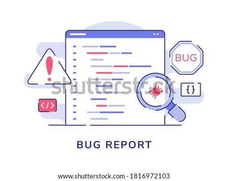 Bug report concept magnifying bug on program software computer with flat outline style
