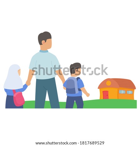 ather holding daughter son hands back from school white isolated background with flat color style