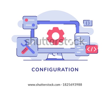 Configuration gear on display computer screen setting screwdriver wrench coding code white isolated background with flat outline style