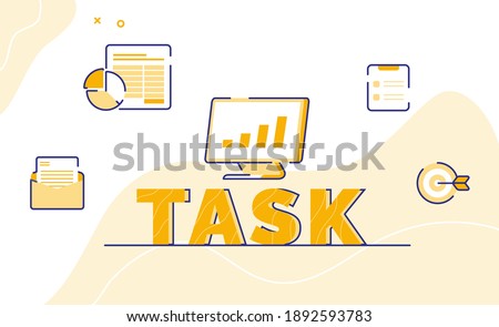 task typography word art background of icon email message pie bar chart clip board target with outline style