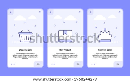 commerce onboarding shopping cart new product premium seller for mobile app banner template with dashed line style