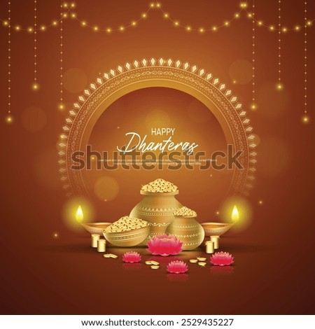 Happy Dhanteras - poster template design with gold coin in pot and decorative diya lamp. vector illustration.