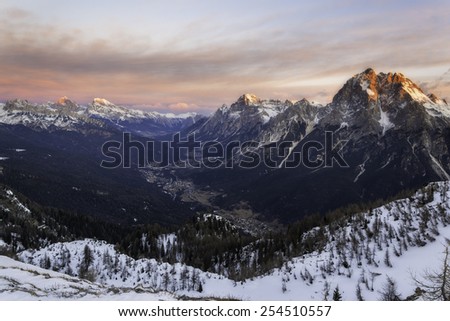 Cadore valley during the sunrise in winter