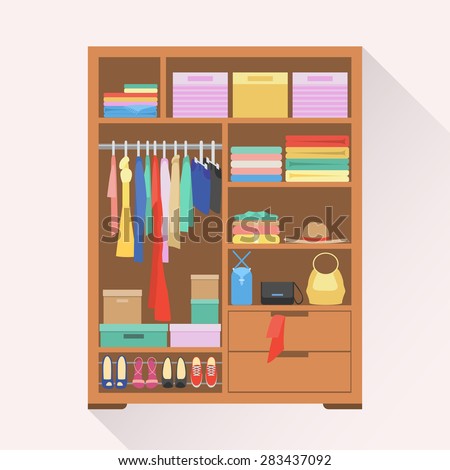 Flat Design Vector Illustration Of Modern Wardrobe Room Full Of Women'S ...