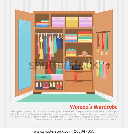 Flat design vector illustration of modern wardrobe room full of women's cloths.