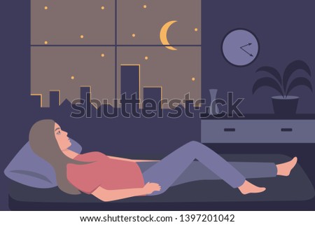 Female insomniac lying in bed at night. Tired woman suffer from sleeping disorder, insomnia, nightmare, sleeplessness. Sleepy character trying to fall asleep. 