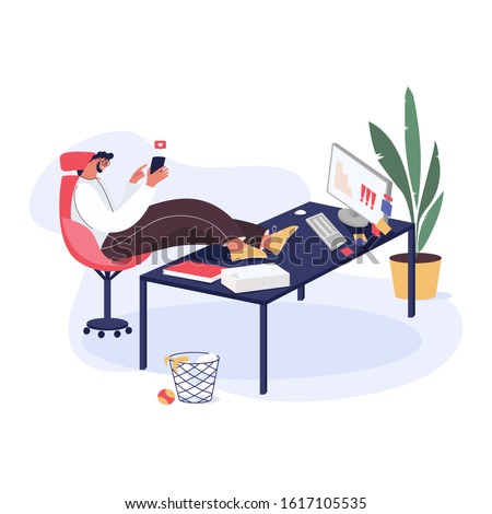 Man procrastinating on the workplace. Worker surfing the Internet and wasting time concept. Vector illustration with businessman resting and seating at his desk during working hours.