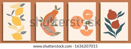 Abstract still life in pastel colors posters. Collection of contemporary art. Abstract paper cut elements, fruits for social media, postcards, print. Hand drawn apricot, pomegranate, lemons.