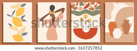 Female shape / silhouette on retro summer background. Fashion woman portrait in pastel colors. Collection of contemporary art posters. Abstract paper cut elements, lemons, pottery, abstract shapes.