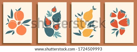 Abstract still life in pastel colors poster. Collection of contemporary art. Abstract paper cut elements, fruits and berries for social media, postcards, print. Hand drawn pear, peach, fig, strawberry