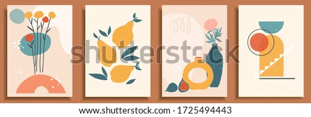 Abstract still life in pastel colors. Collection of contemporary art. Abstract geometrical elements, shapes for social media, posters, postcards, print. Hand drawn vase, leaves, flowers, fruits, pear.