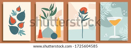 Abstract still life in pastel colors. Collection of contemporary art. Abstract paper cut elements, shapes for social media, posters. Hand drawn vase, candle, leaves, flowers, fruits, fig, glass, peony