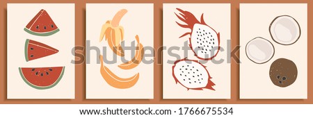 Abstract still life in pastel colors poster. Collection of contemporary art. Abstract elements, tropical fruits for social media, postcards, print. Hand drawn watermelon, banana, dragon fruit, coconut