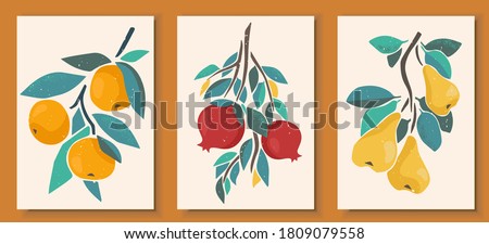Abstract still life in pastel colors posters. Collection of contemporary art. Abstract elements, fruits for social media, postcards, print. Hand drawn pear, pomegranate, tangerine, orange branches.