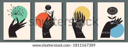 Abstract poster collection with hand holding flowers, insects, reptilies: bug, snake. Set of contemporary scandinavian print templates. Ink animals with floral ornament and geometrical shapes on back
