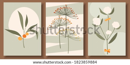 Collection of contemporary art posters in pastel colors. Abstract  geometric elements and shapes, leaves and flowers. Great design for social media, postcards, print.