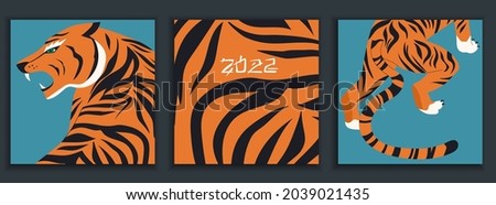Set of colourful tigers in abstract style. Modern greeting card, poster. Hunting tigers in Asian style. Chinese 2022 year sign. Year of the Tiger 2022 Japanese new year card. Vector Illustration print