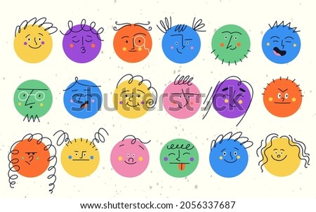 Set of round funny characters with various face emotions. Colourful modern vector illustration with shapes happy sad angry smile faces for children.