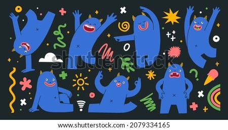 Cute colorful creatures in different poses and showing emotions. Trendy illustration with abstract shapes, doodle objects and lines. Set of stickers with monsters. Isolated hand-drawn elements.