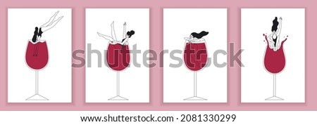 Trendy female characters swimming jumping into the glass of red wine. Wine lovers women concept. Doodle illustration of bottles of wine and wineglass. Isolated hand drawn print design.