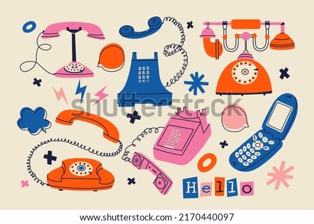 Trendy set of various vintage telephones. Hand drawn colourful wire and cell phones. Flat vector illustration with retro gadgets. Isolated dial telephone, wireless telephone, phone systems, handset