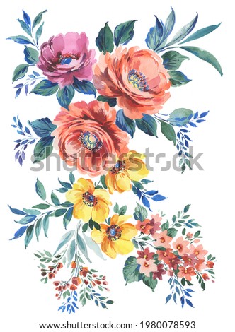 hand painted artistic set with colorful lush flowers. watercolor artistic set with peony flowers, smaller wild flowers and leaves. Multicolor bouquet. 