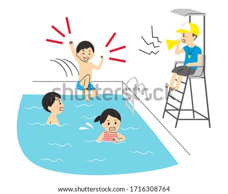 illustration of kids and life guard in the pool