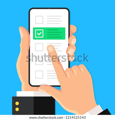 Checklist on smartphone screen. Online survey concept. Hand holds mobile phone and check list with checkboxes and checkmark. Modern flat design. Vector illustration