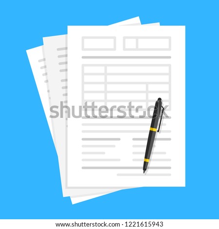Documents and pen. Filling forms, lot of paper, application form, office work, accounting, paperwork concepts. Flat design. Vector illustration