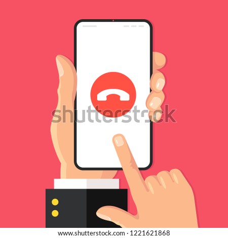 Decline phone call. Decline call button on smartphone screen. Hand holding mobile phone, finger touching screen. Modern flat design. Vector illustration