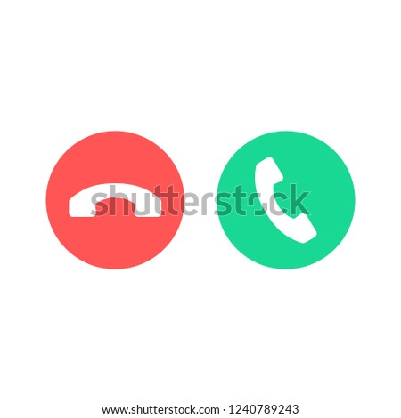 Phone call icons. Accept call and decline button. Green and red buttons with handset silhouettes. Vector icons set isolated on white background
