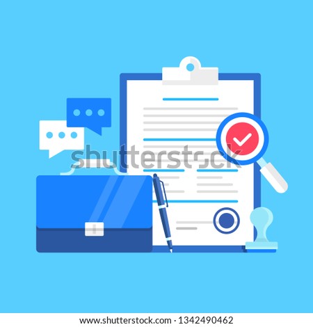 Contract. Vector illustration. Agreement, treaty, sign a contract concepts. Flat design. Clipboard and document with seal. Briefcase, pen, magnifying glass with check mark, chat icon and rubber stamp