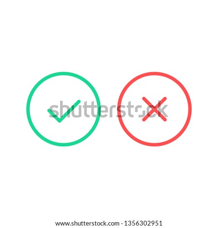 Check mark icons. Vector line icons set. Green tick and red cross checkmarks isolated on white background. Thin line design