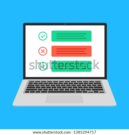 Laptop with checklist. Notebook with check boxes and green check marks and red x mark on computer screen. Online survey, quiz, fill form, test, exam concepts. Flat style design. Vector illustration