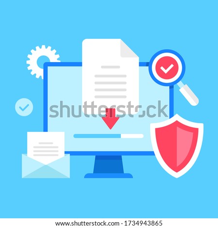 Downloading document. Vector illustration. Computer with file and down arrow symbol on screen, loading progress bar, shield, email, magnifying glass and check mark, etc.