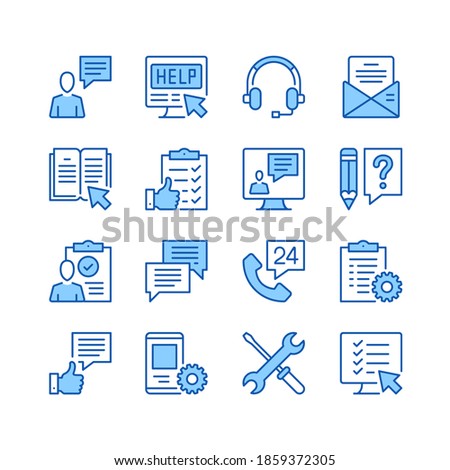 Customer service line icons. Simple vector symbols. Set of blue color filled outline icons