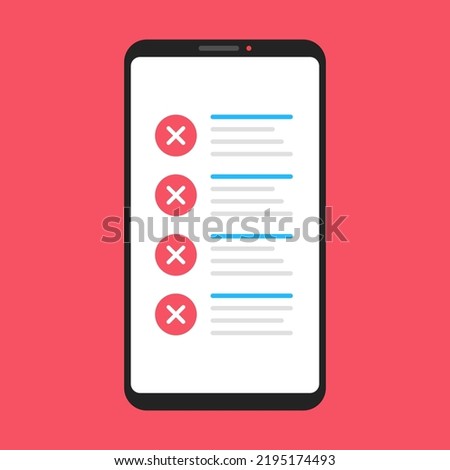Checklist. Smartphone with red x marks. Crossmarks on mobile phone screen. Survey, check list, failure, failed task, incorrectly filled form, survey concepts. Vector Illustration