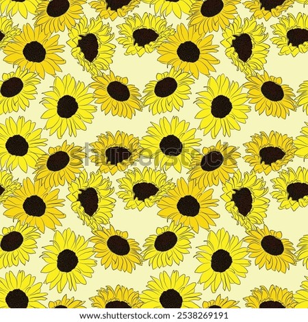 Seamless hand drawn pattern with sunflowers on off white background. Design for wrapping paper, fabric printing and Vector line yellow flowers