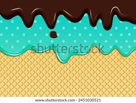 Double mint cream and chocolate cream melted waffle cone vector pattern. Ice cream waffle sweet liquid biscuit candy cartoon cream
